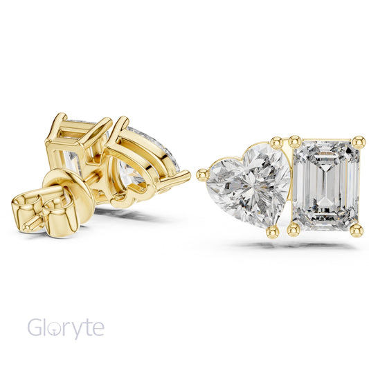 Heart & Emerald Cut Diamond Stud Earrings
