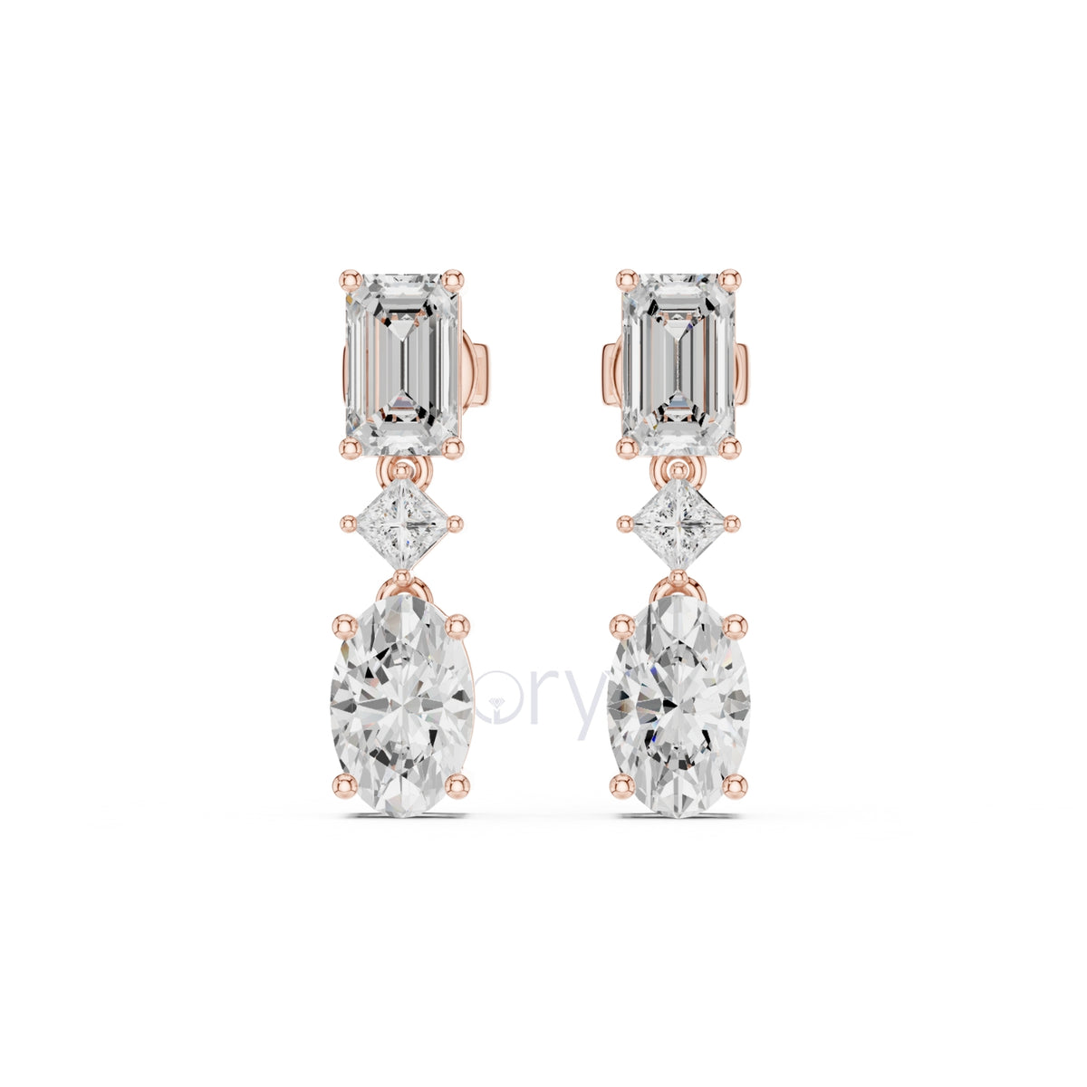 Emerald, Princess & Oval Diamond Drop Earrings