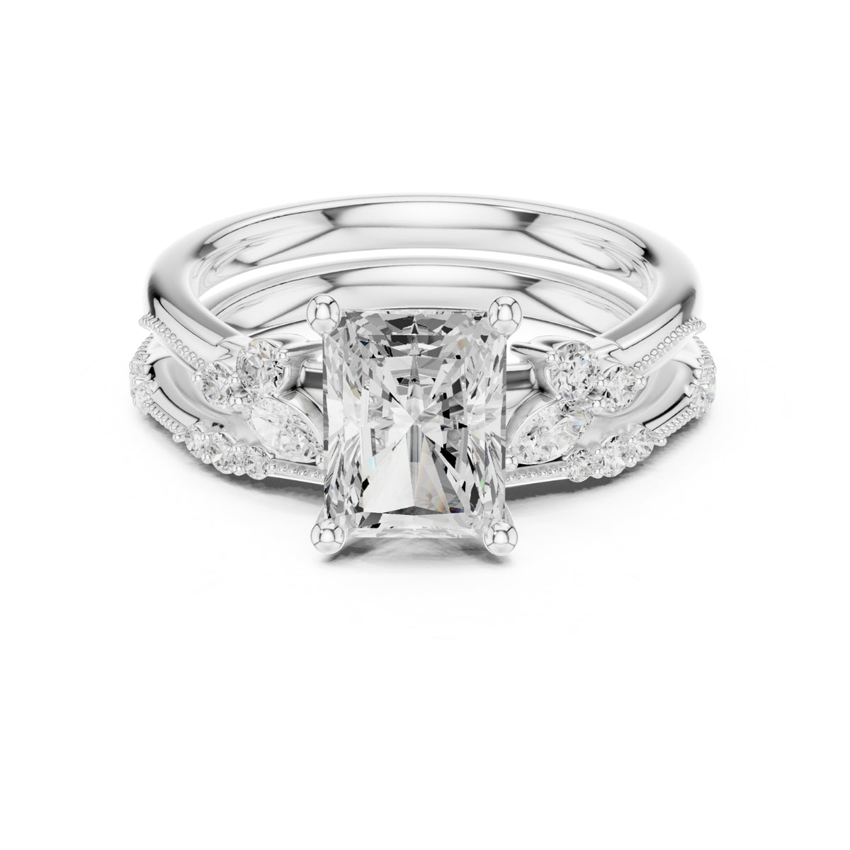 Elegant Diamond Bridal Set with Marquise & Round Accents – Vintage-Inspired Setting