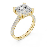Diamond Engagement Ring with Pavé Band – 4-Prong Hidden Halo Design