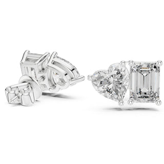 Heart & Emerald Cut Diamond Stud Earrings