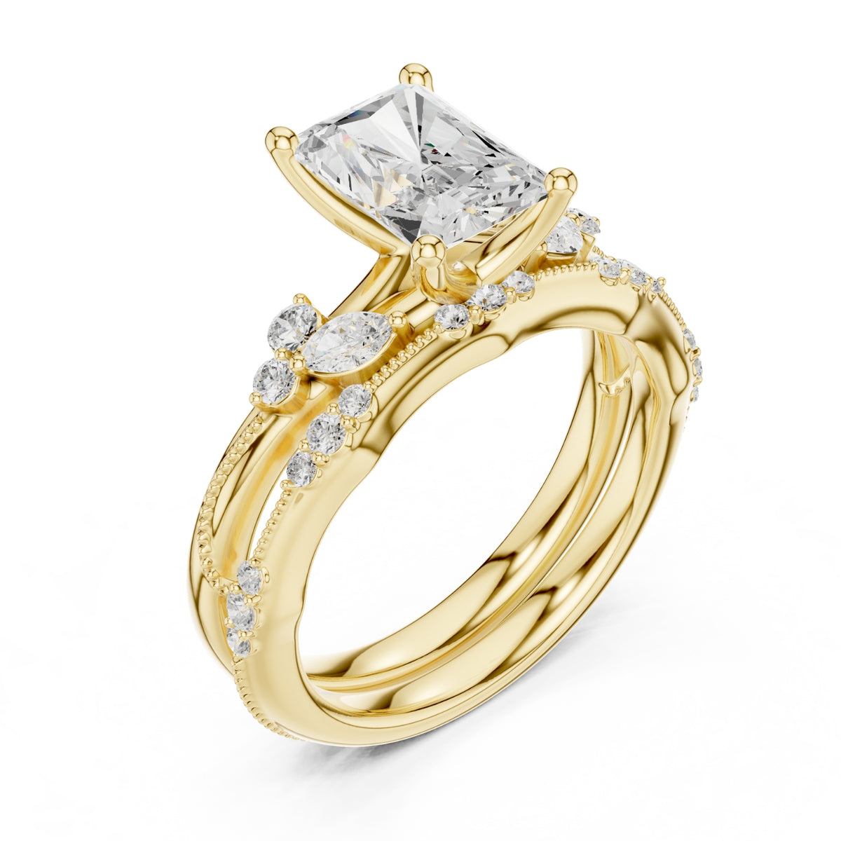 Elegant Diamond Bridal Set with Marquise & Round Accents – Vintage-Inspired Setting