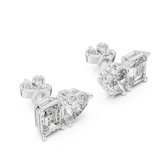 Heart & Emerald Cut Diamond Stud Earrings