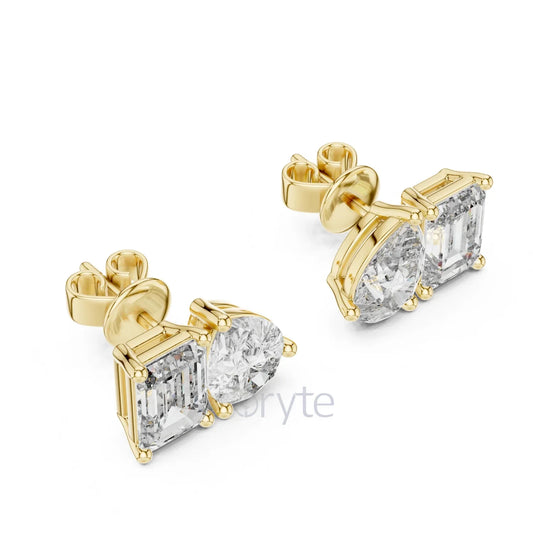 Pear & Emerald-Cut Diamond Stud Earrings