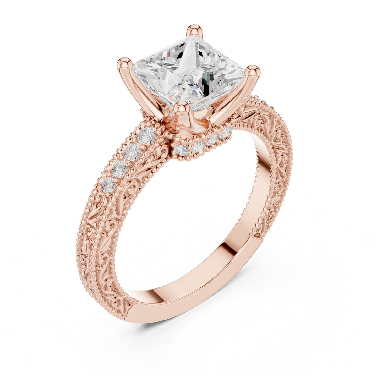 Vintage-Inspired Cut Diamond Engagement Ring with Milgrain & Pavé Detailing