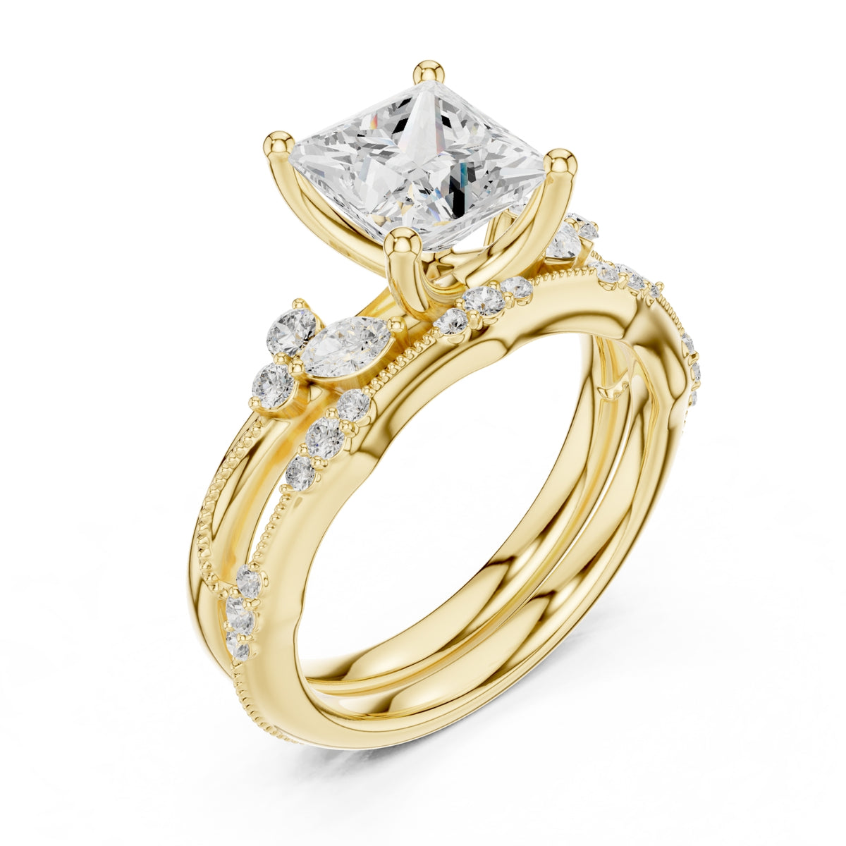 Elegant Diamond Bridal Set with Marquise & Round Accents – Vintage-Inspired Setting