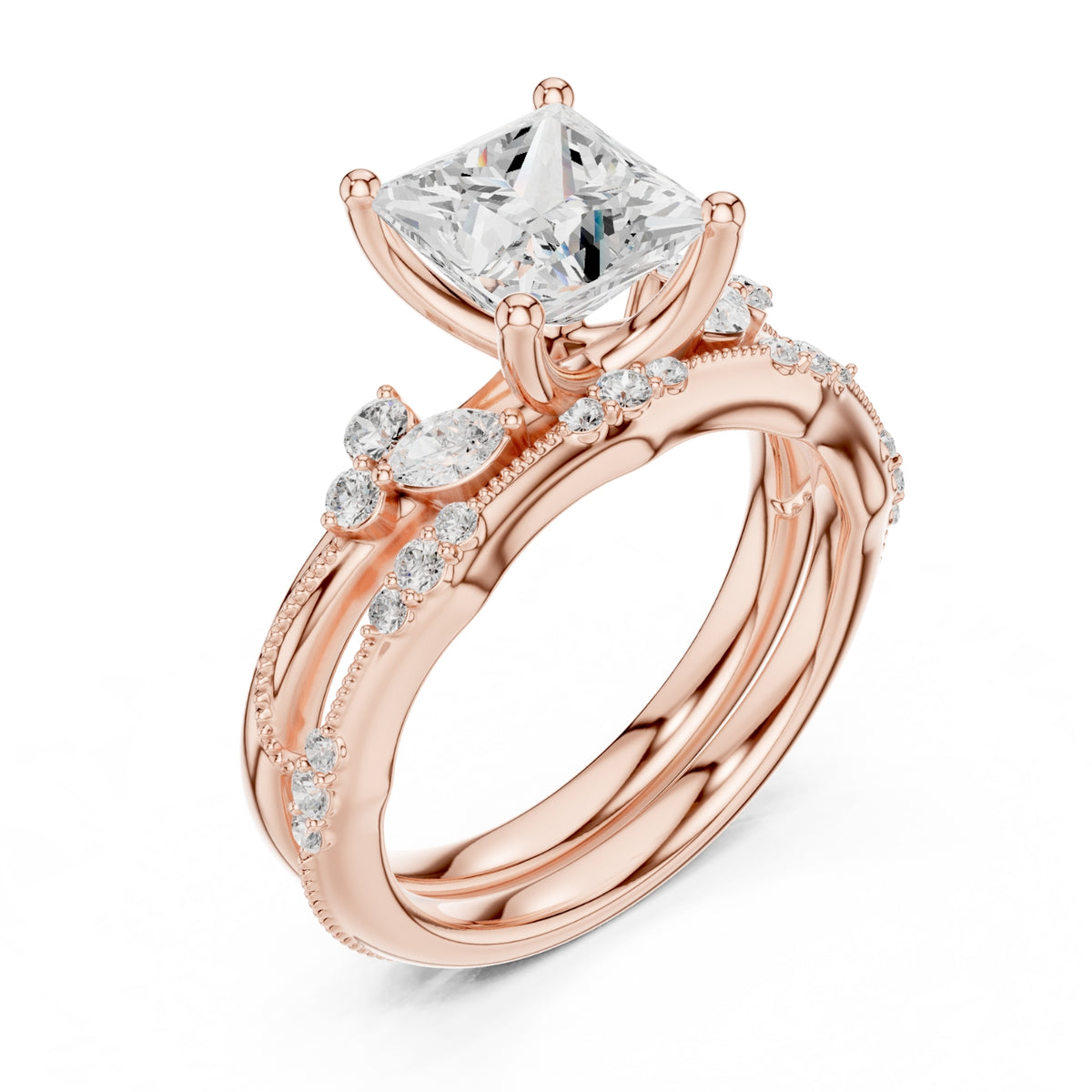 Elegant Diamond Bridal Set with Marquise & Round Accents – Vintage-Inspired Setting
