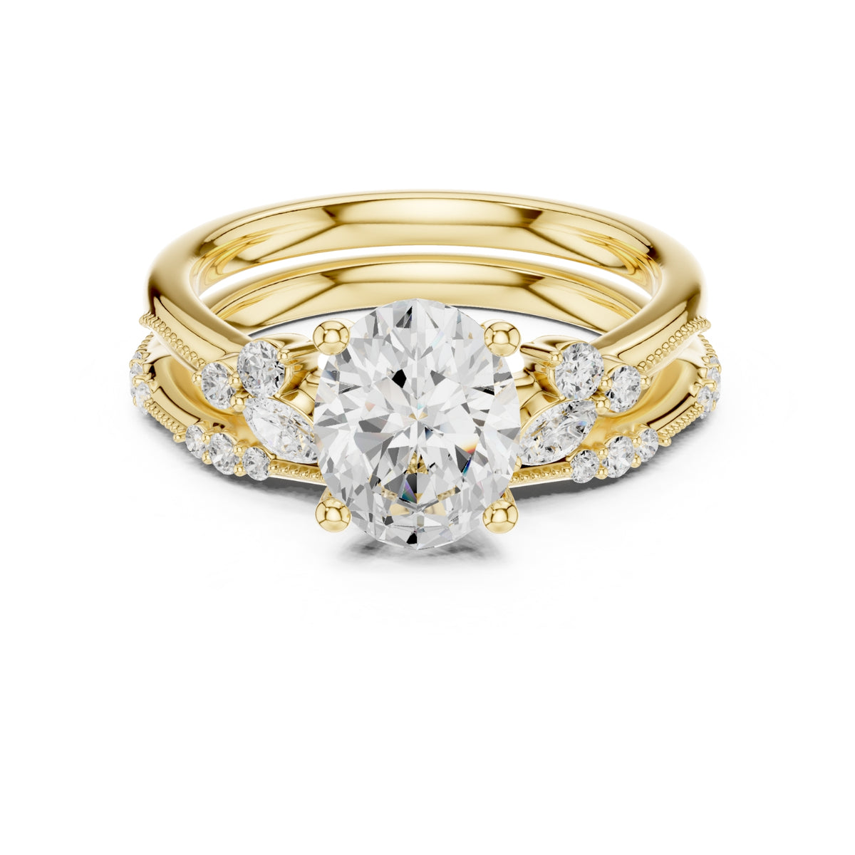 Elegant Diamond Bridal Set with Marquise & Round Accents – Vintage-Inspired Setting