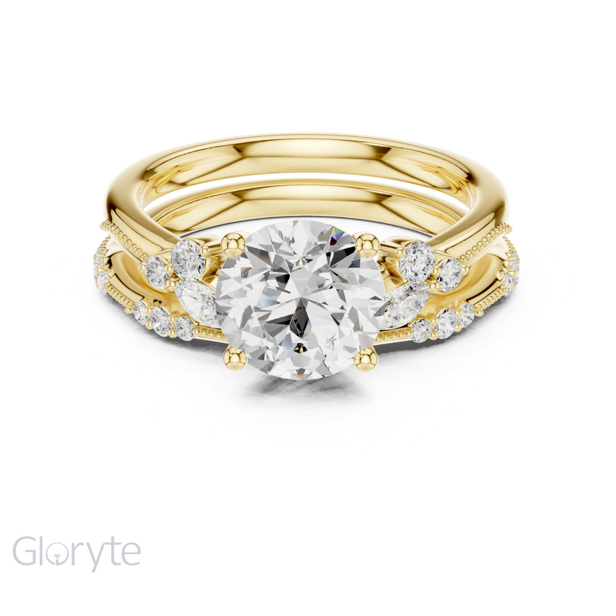 Elegant Diamond Bridal Set with Marquise & Round Accents – Vintage-Inspired Setting