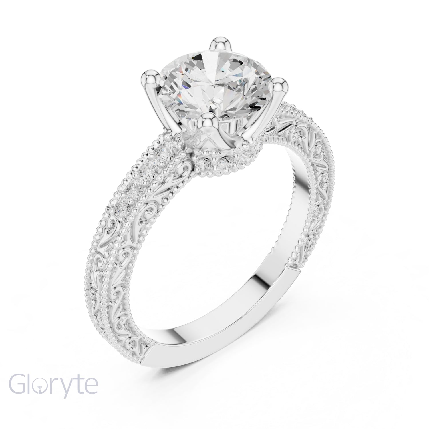 Vintage-Inspired Cut Diamond Engagement Ring with Milgrain & Pavé Detailing