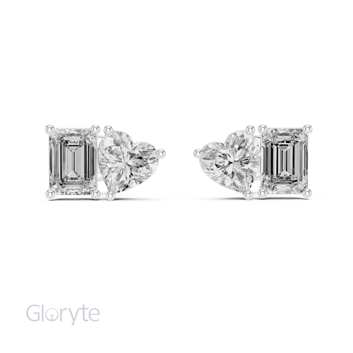 Heart & Emerald Cut Diamond Stud Earrings