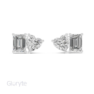 Heart & Emerald Cut Diamond Stud Earrings