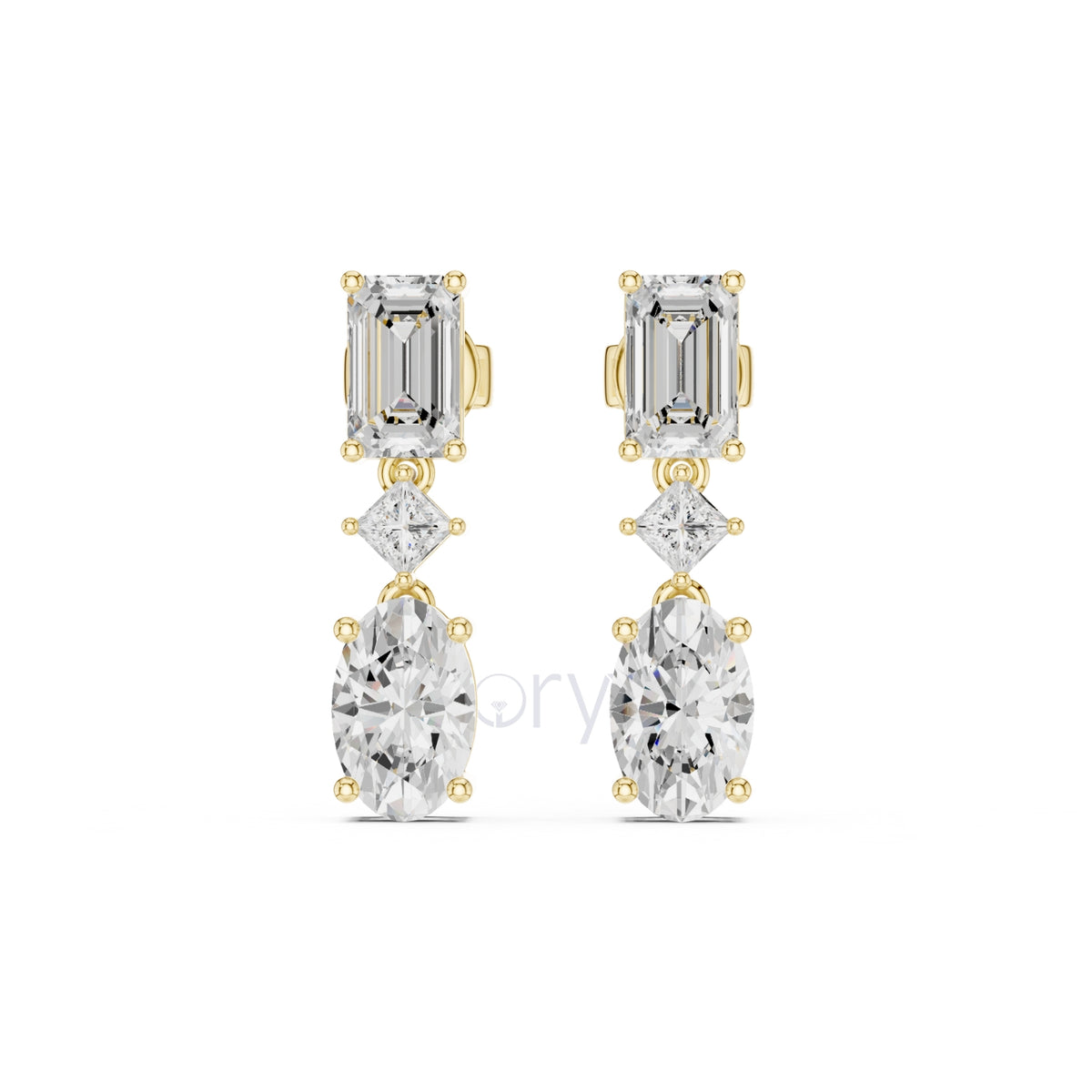 Emerald, Princess & Oval Diamond Drop Earrings