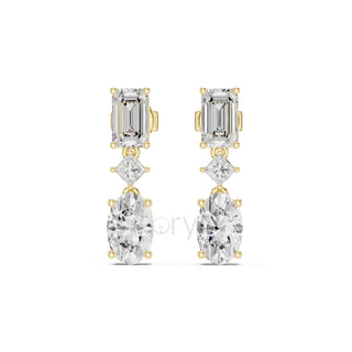 Emerald, Princess & Oval Diamond Drop Earrings