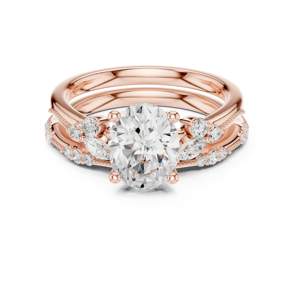 Elegant Diamond Bridal Set with Marquise & Round Accents – Vintage-Inspired Setting