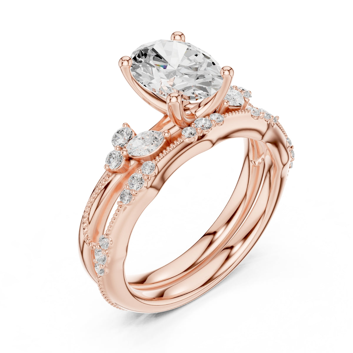 Elegant Diamond Bridal Set with Marquise & Round Accents – Vintage-Inspired Setting