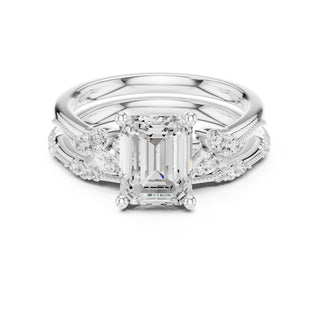 Elegant Diamond Bridal Set with Marquise & Round Accents – Vintage-Inspired Setting