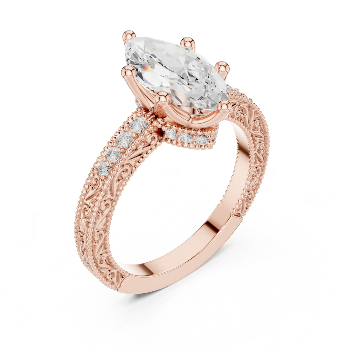 Vintage-Inspired Cut Diamond Engagement Ring with Milgrain & Pavé Detailing