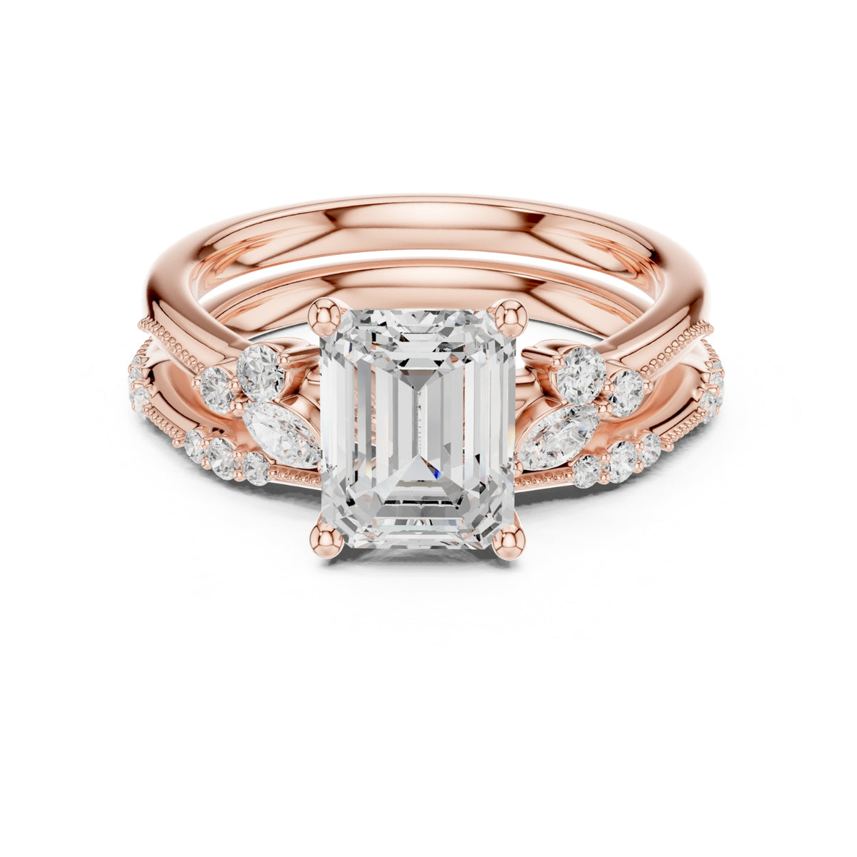 Elegant Diamond Bridal Set with Marquise & Round Accents – Vintage-Inspired Setting