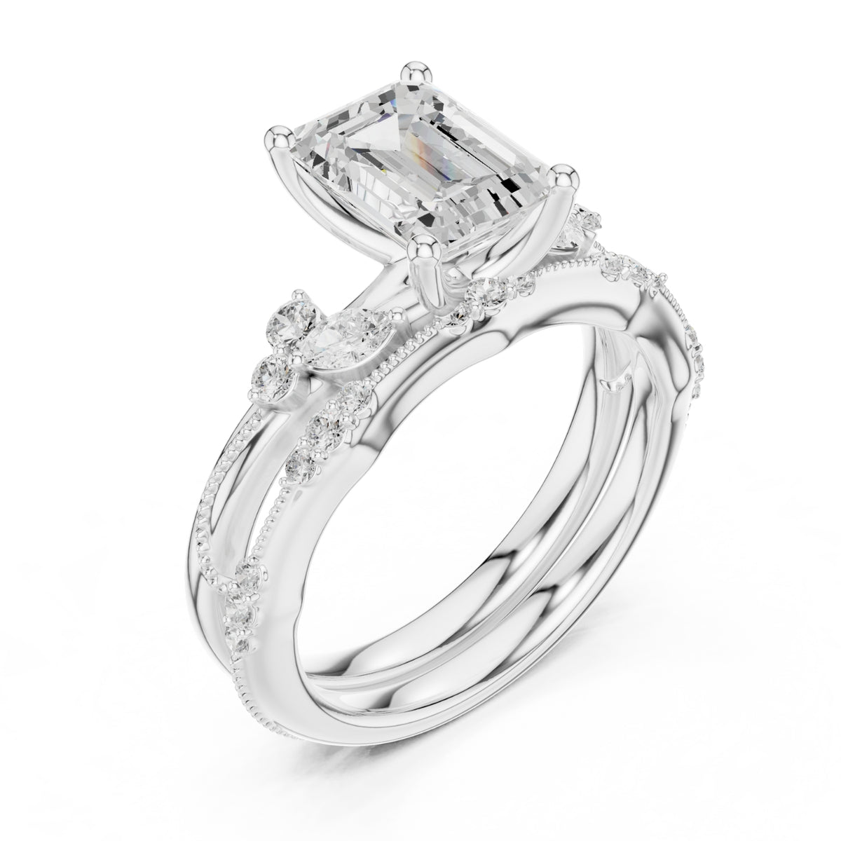 Elegant Diamond Bridal Set with Marquise & Round Accents – Vintage-Inspired Setting