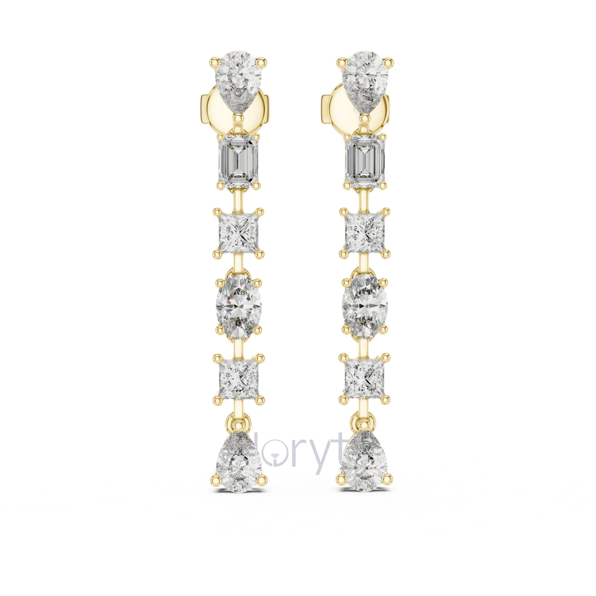 Elegant Multi-Cut Diamond Drop Earrings – Princess, Pear, Oval & Emerald Cuts