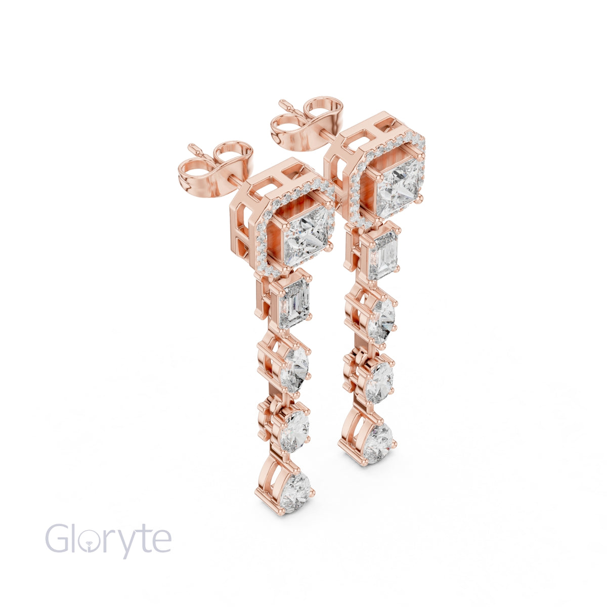 Princess Halo Cut Diamond Drop Earrings