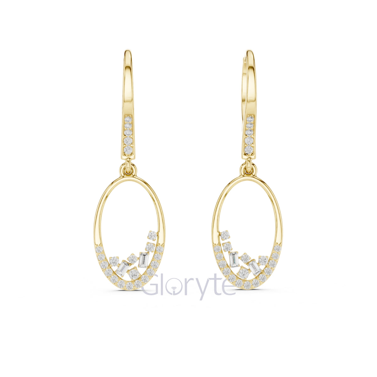 Gold earrings with small diamonds on a white background, branded 'Gloryte'.