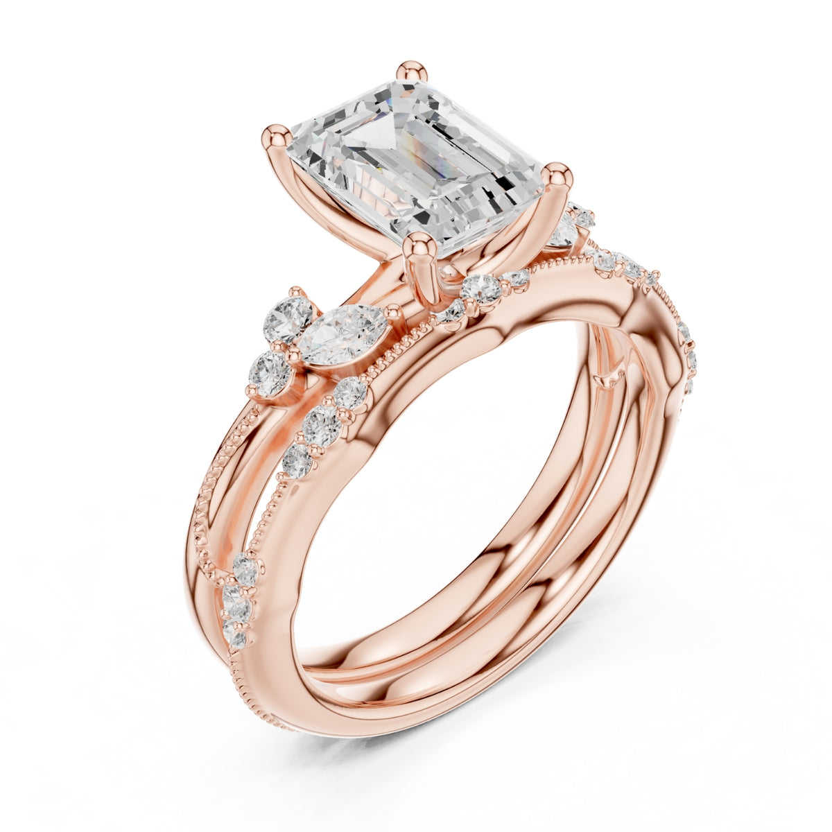 Elegant Diamond Bridal Set with Marquise & Round Accents – Vintage-Inspired Setting