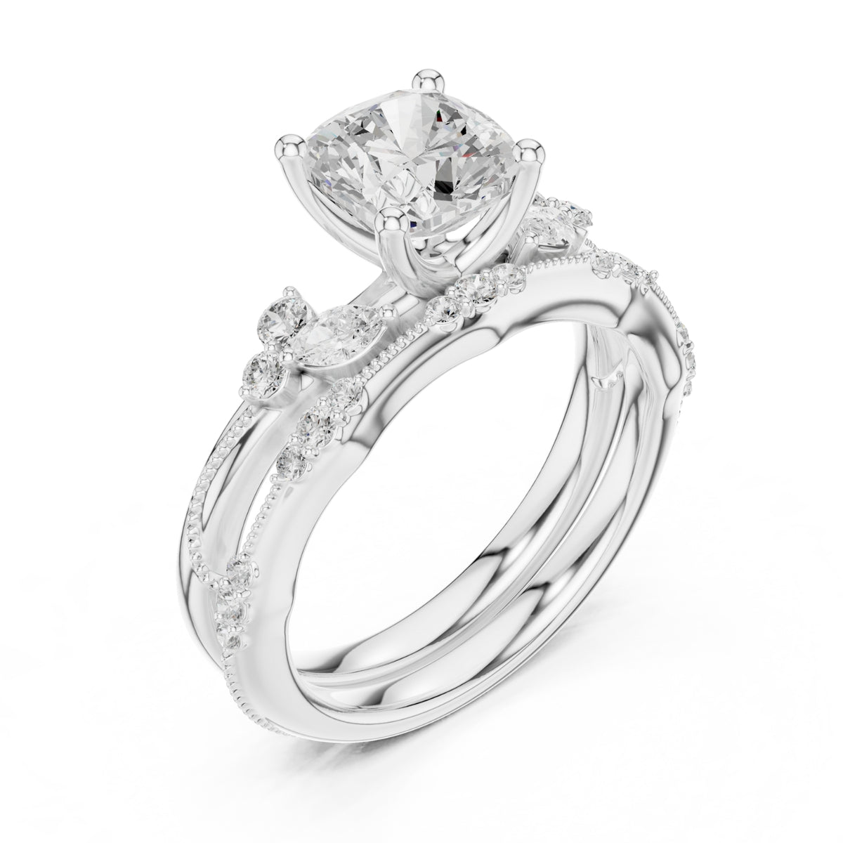 Elegant Diamond Bridal Set with Marquise & Round Accents – Vintage-Inspired Setting
