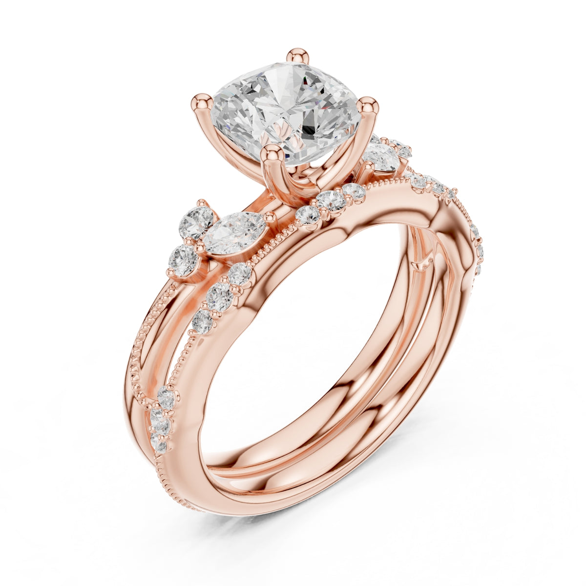 Elegant Diamond Bridal Set with Marquise & Round Accents – Vintage-Inspired Setting