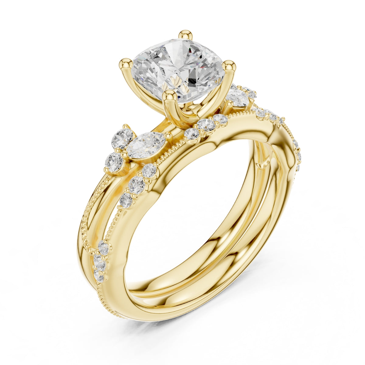 Elegant Diamond Bridal Set with Marquise & Round Accents – Vintage-Inspired Setting