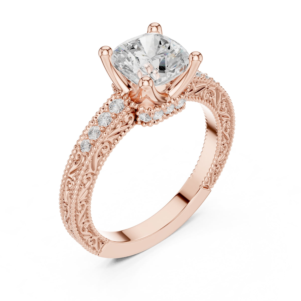 Vintage-Inspired Cut Diamond Engagement Ring with Milgrain & Pavé Detailing