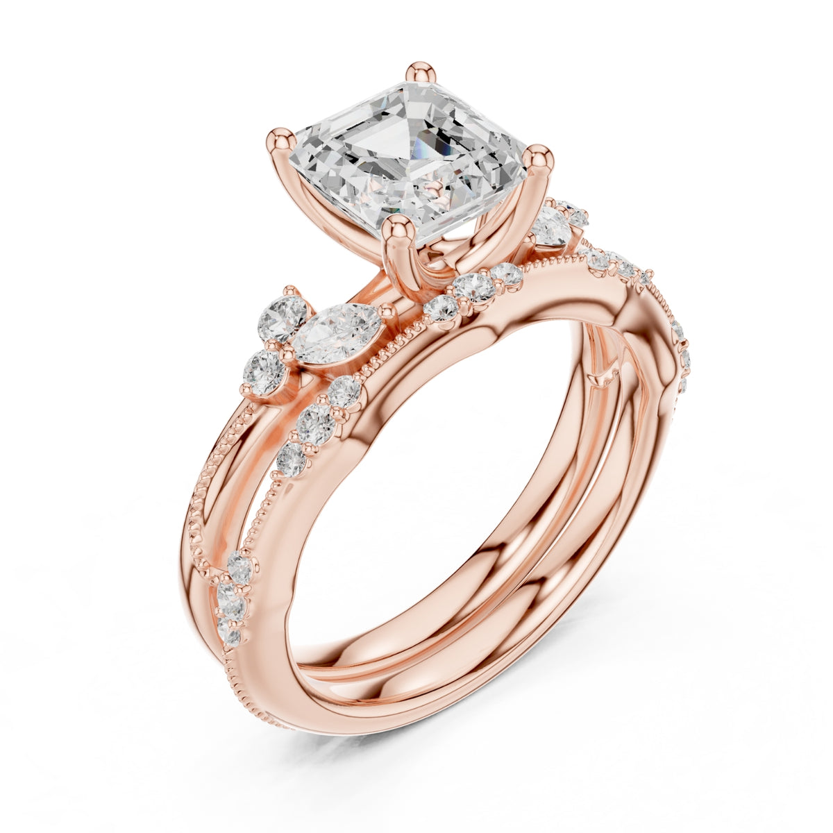Elegant Diamond Bridal Set with Marquise & Round Accents – Vintage-Inspired Setting
