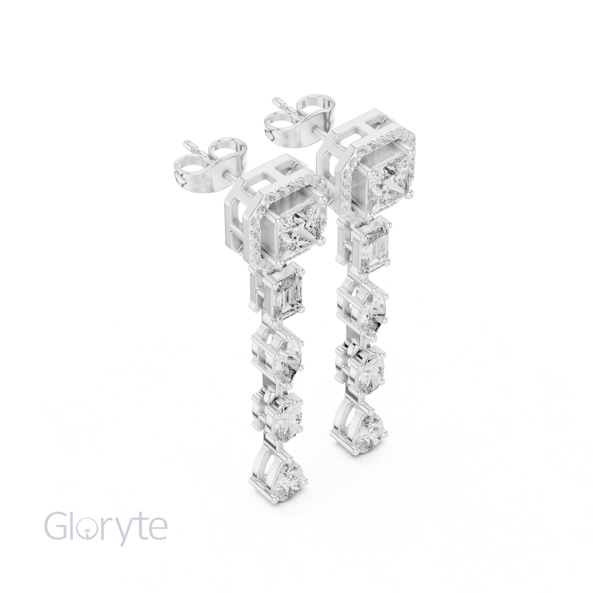 Princess Halo Cut Diamond Drop Earrings