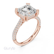 Diamond Engagement Ring with Pavé Band – 4-Prong Hidden Halo Design