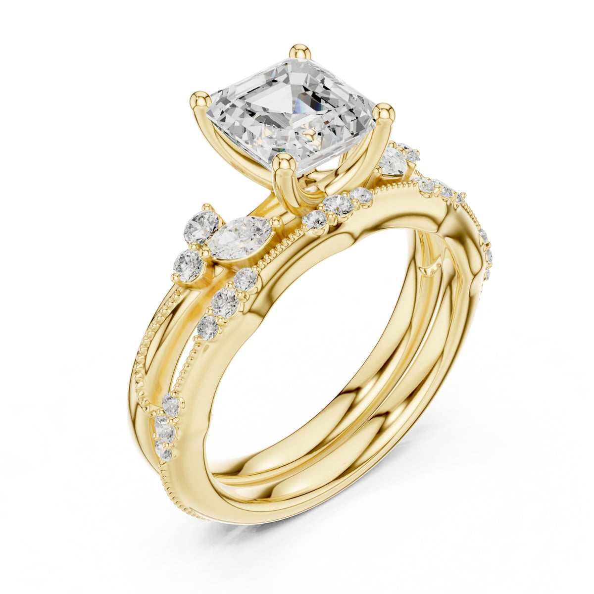 Elegant Diamond Bridal Set with Marquise & Round Accents – Vintage-Inspired Setting