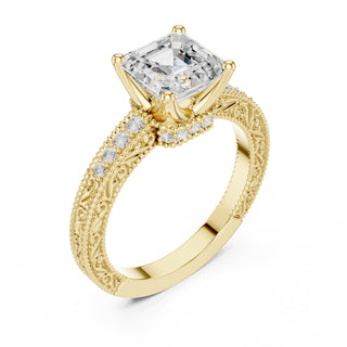 Vintage-Inspired Cut Diamond Engagement Ring with Milgrain & Pavé Detailing