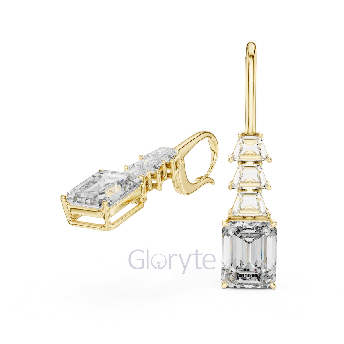 Emerald Elegance Drop Earrings with Trapezoid & Step-Cut Diamonds