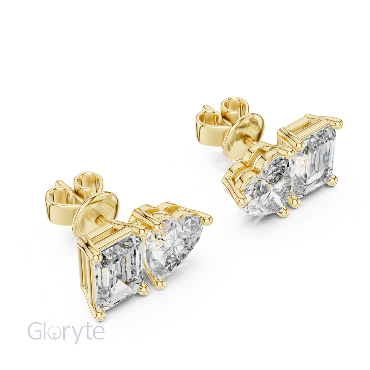 Heart & Emerald Cut Diamond Stud Earrings