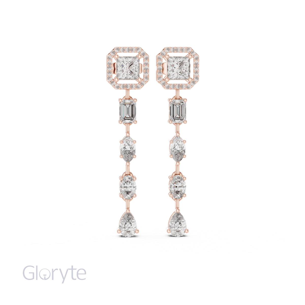Princess Halo Cut Diamond Drop Earrings