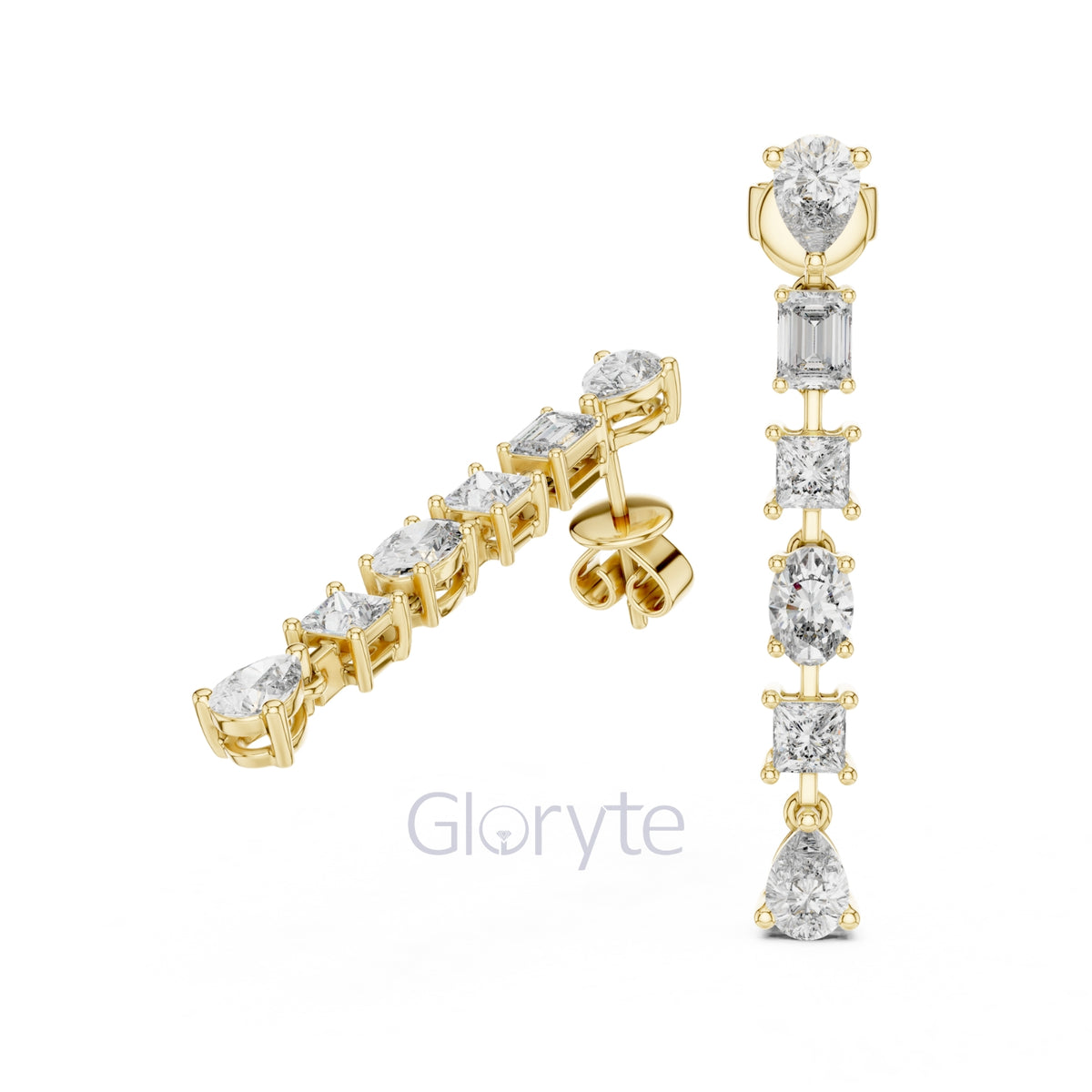 Elegant Multi-Cut Diamond Drop Earrings – Princess, Pear, Oval & Emerald Cuts