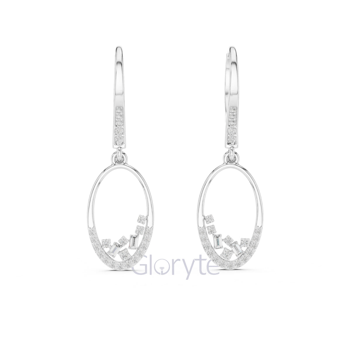 Silver earrings with small stones on a white background, branded 'Gloryte'.