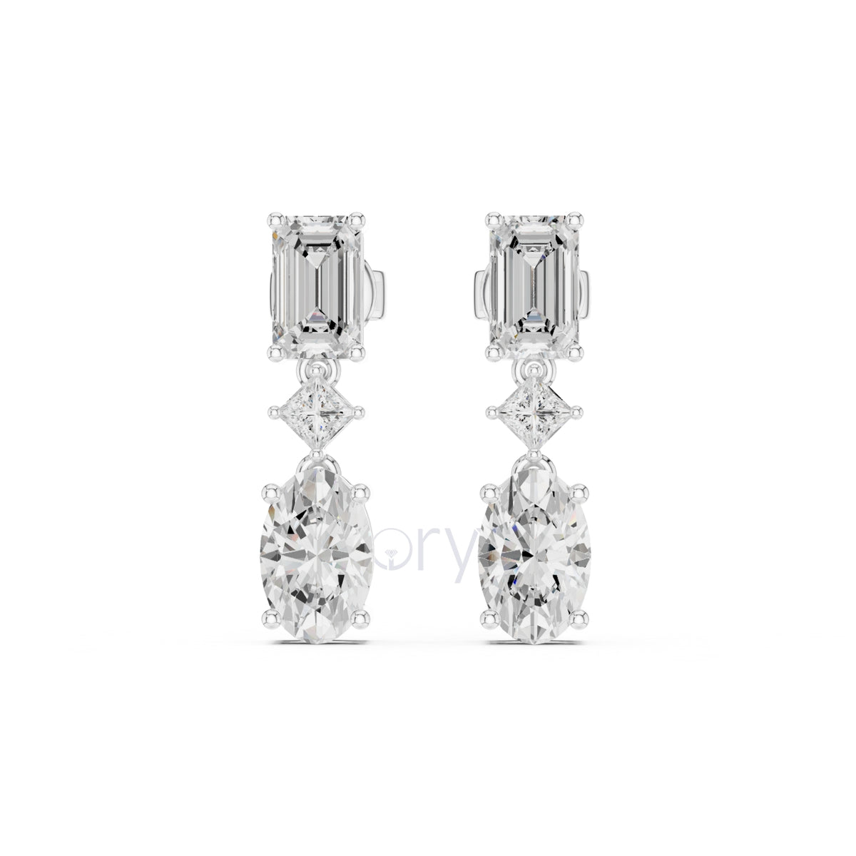 Emerald, Princess & Oval Diamond Drop Earrings