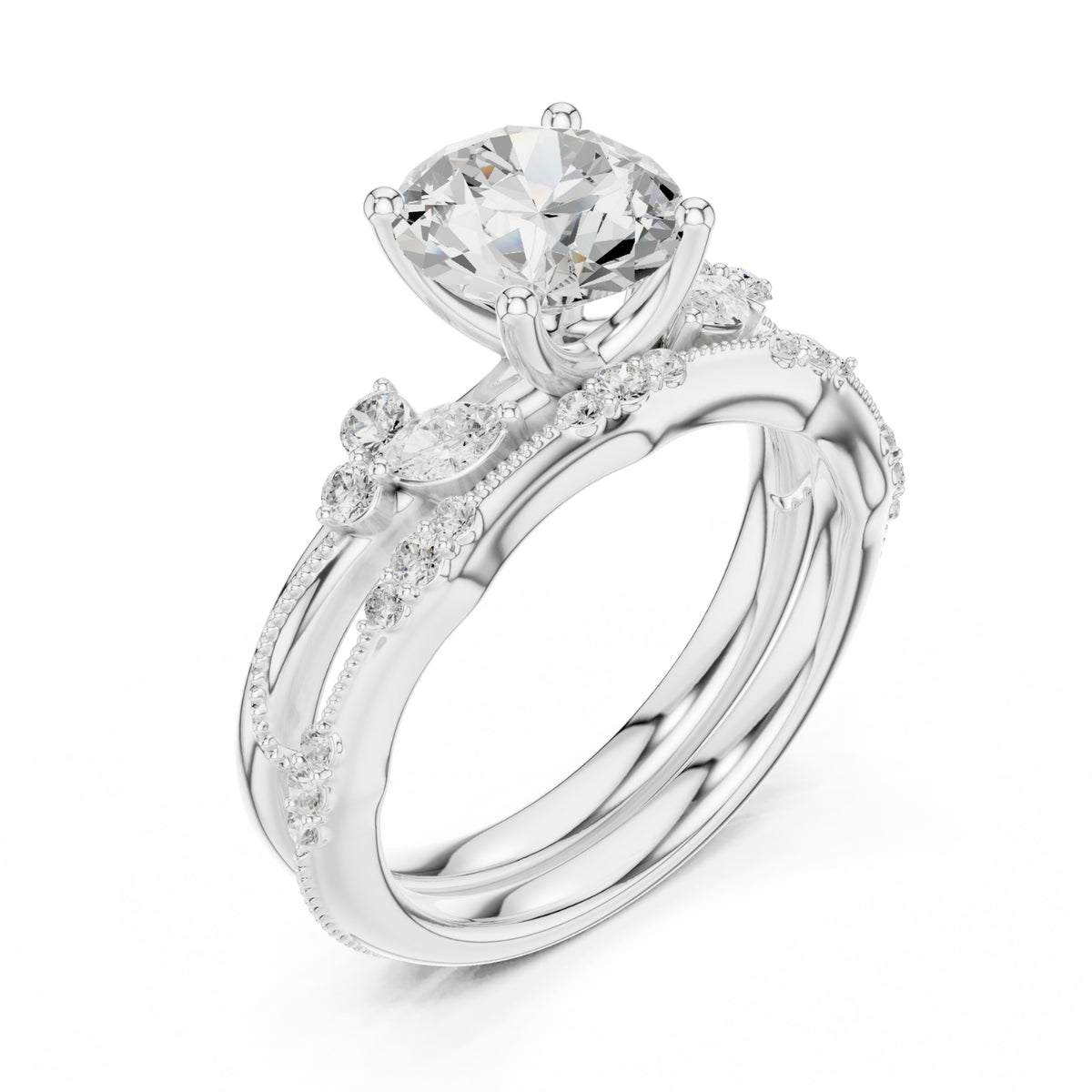 Elegant Diamond Bridal Set with Marquise & Round Accents – Vintage-Inspired Setting