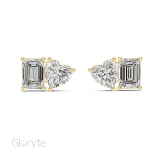 Heart & Emerald Cut Diamond Stud Earrings