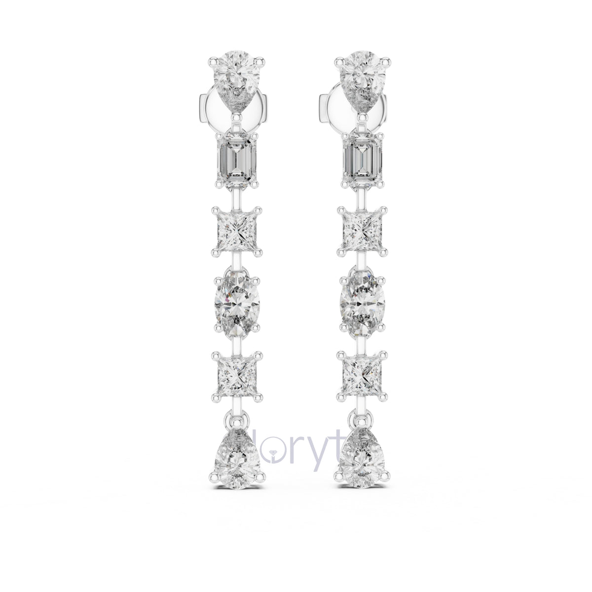 Elegant Multi-Cut Diamond Drop Earrings – Princess, Pear, Oval & Emerald Cuts