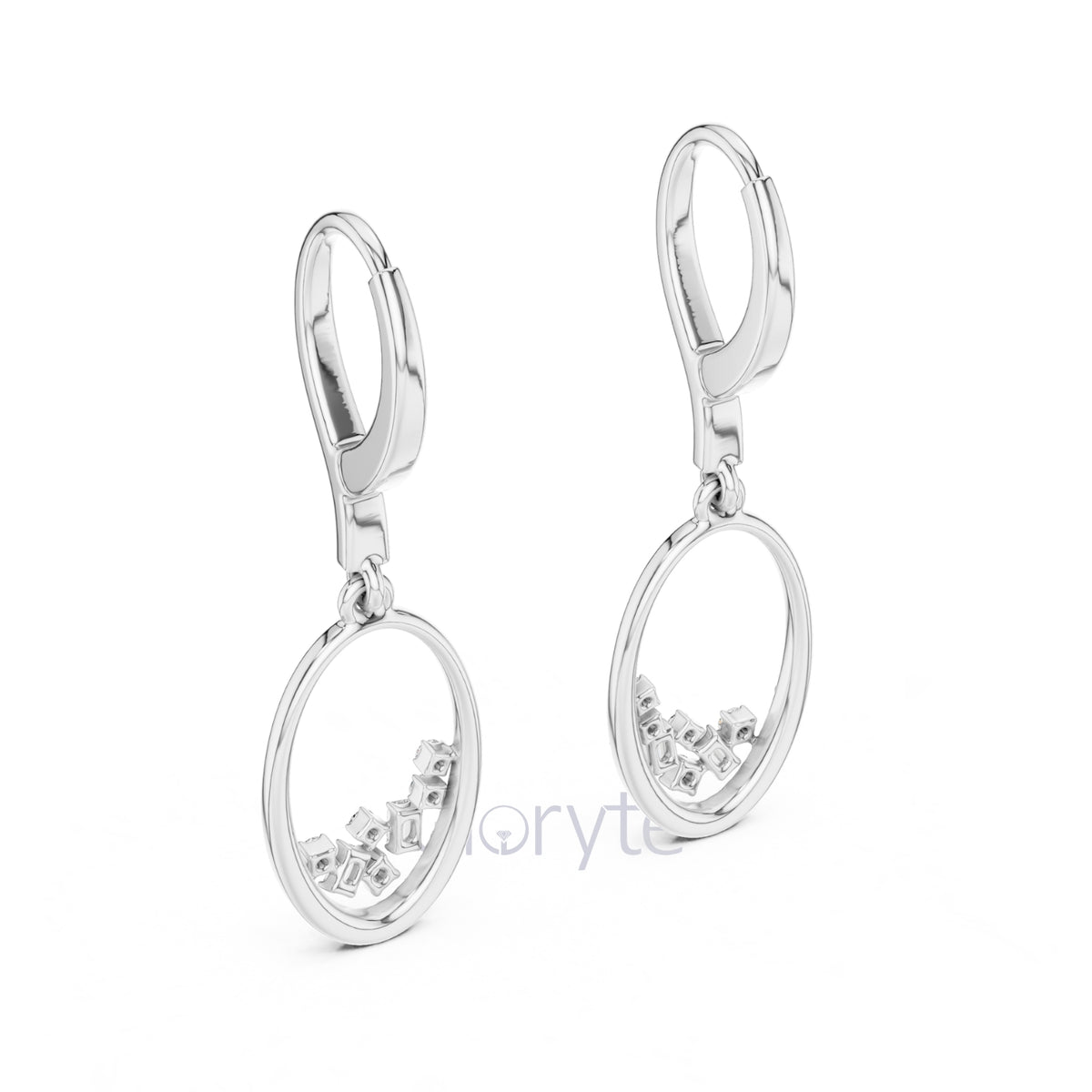 Silver earrings with small diamonds on a white background