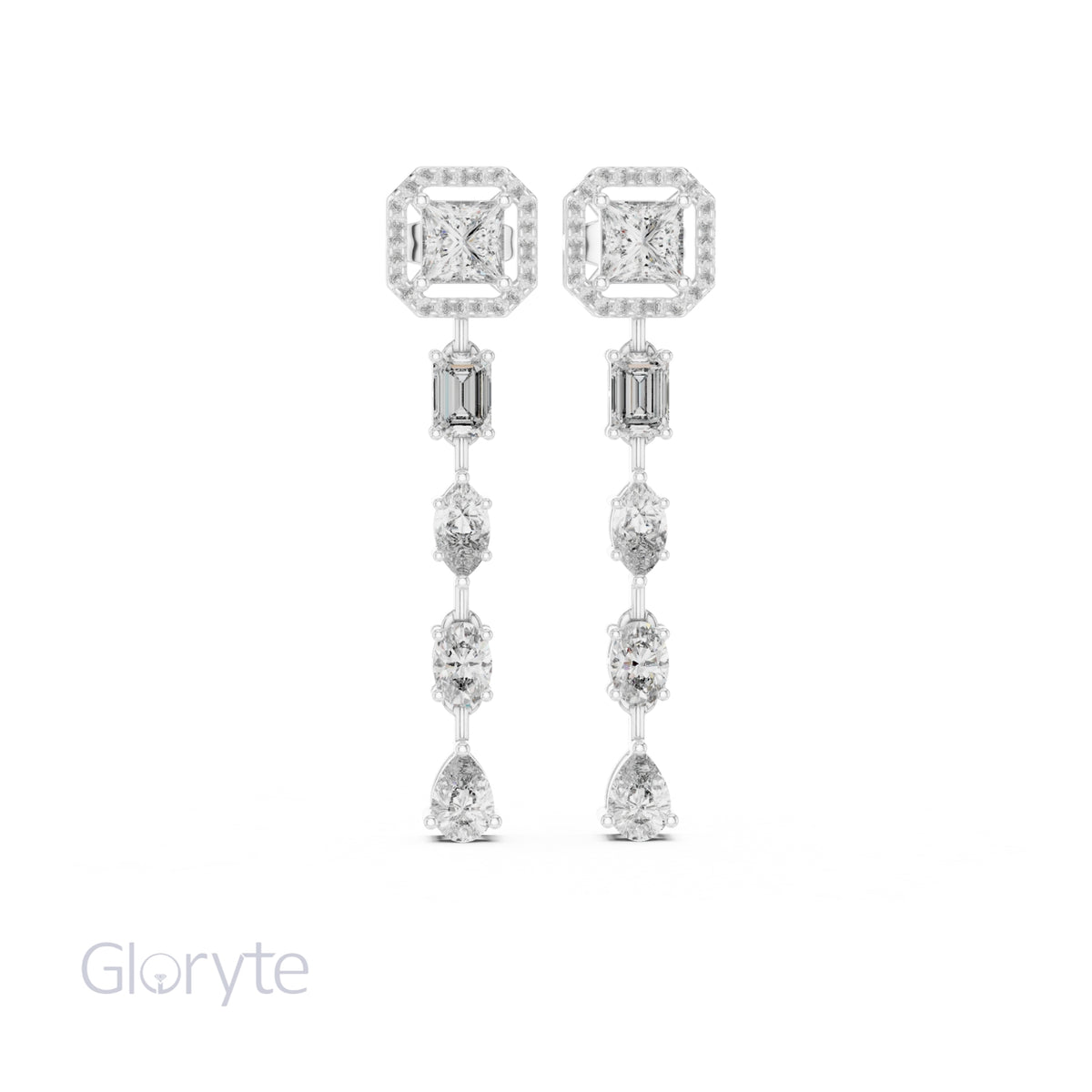Princess Halo Cut Diamond Drop Earrings