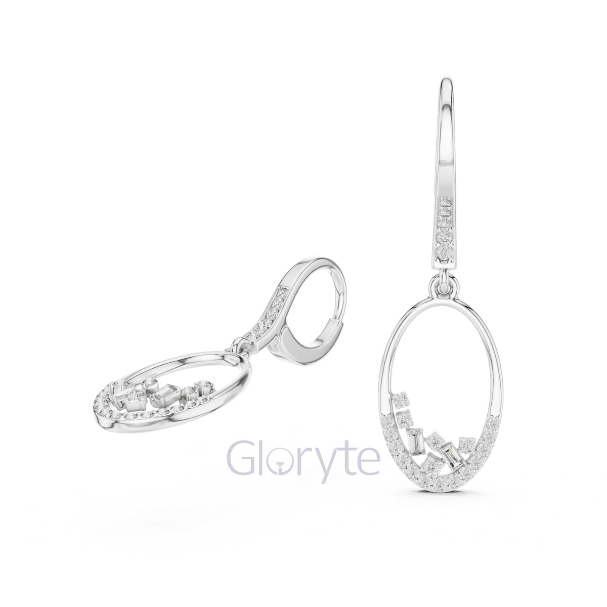 Silver earrings with 'Gloryte' branding on a white background