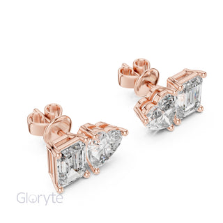 Heart & Emerald Cut Diamond Stud Earrings
